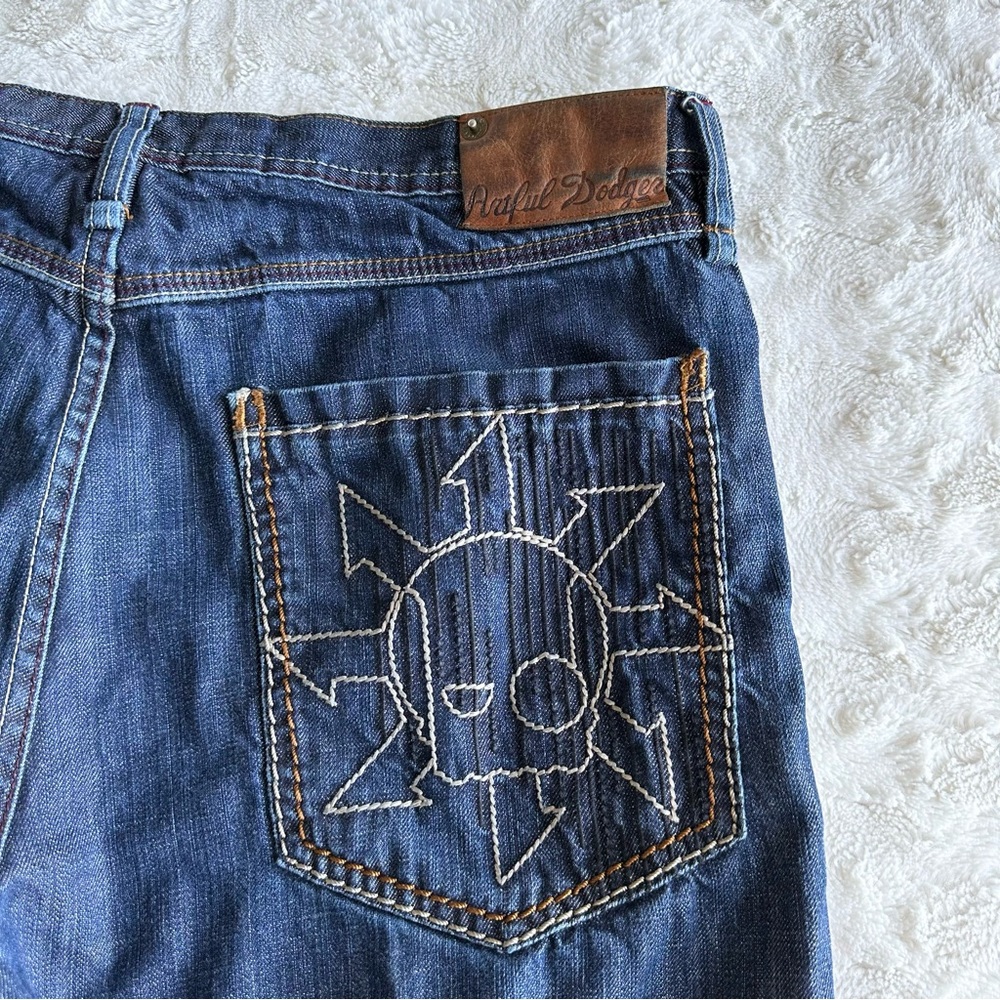 Artful Dodger Denim Shorts Jorts Mens 38 Blue Skull Embroidered Baggy Loose Y2K - Picture 7 of 13
